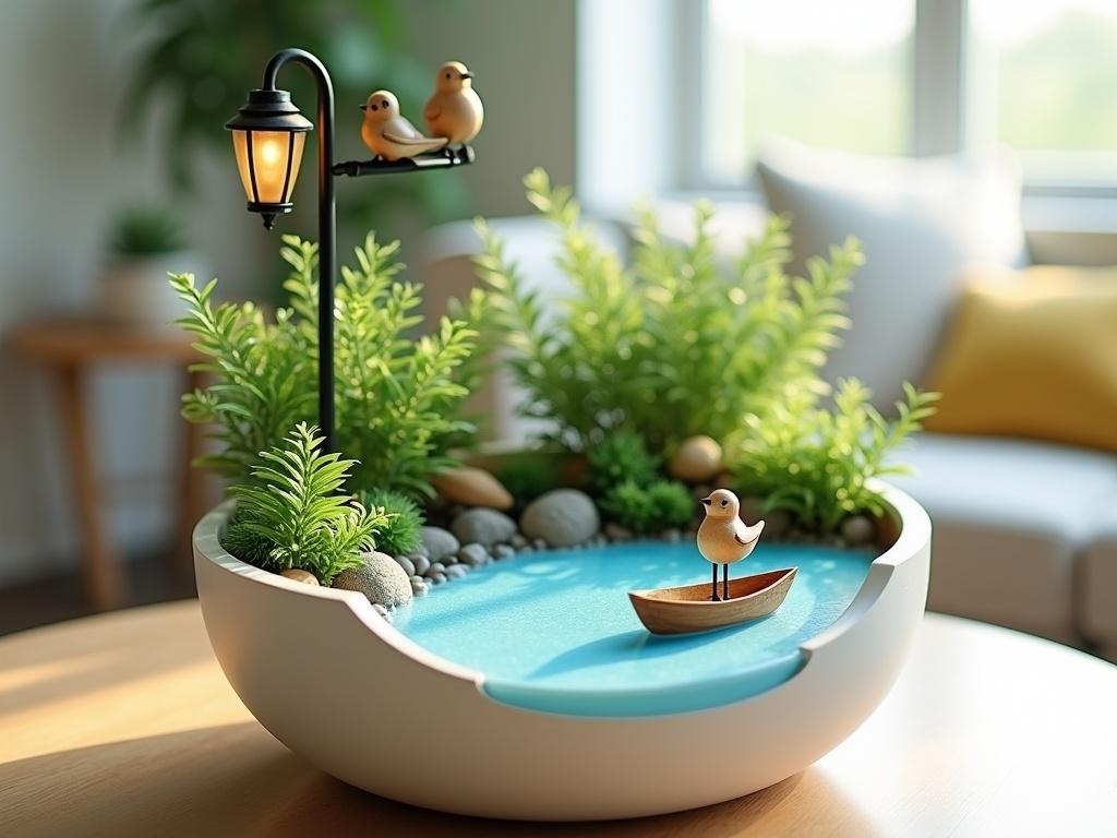 Create a photorealistic image of a small indoor garden in a round white planter. The garden should feature various green plants, including ferns and other leafy varieties. There are whimsical wooden decorations including small birds perched on a black lamppost and a wooden boat on a bright blue pond made of foam. The background should have soft, blurred furniture, suggesting a cozy indoor setting. The composition should capture the details of the plants and decorations while maintaining a 16:9 aspect ratio.
