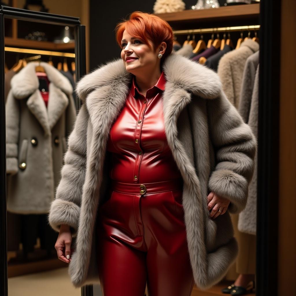 A wealthy woman with short red hair is in a luxurious fur coat shop. She tries on a big silver fox fur coat. The coat is open, showing her red leather trousers and red leather shirt with a large upturned collar. She stands in front of a mirror.