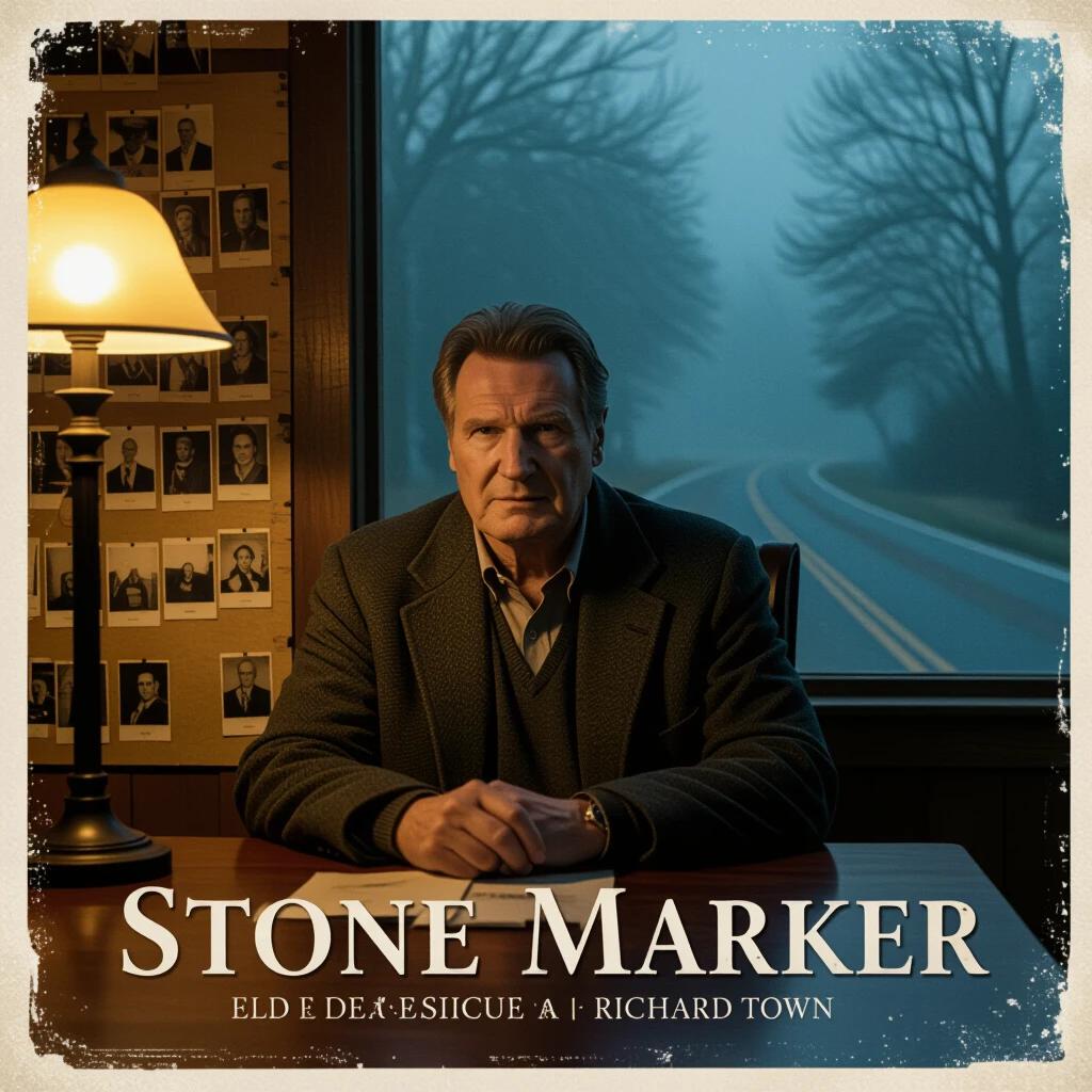 Aged detective in a dimly lit sheriff's office. He sits at a desk with a spotlight and fading memories behind. Polaroids of old cases line the wall. Foggy road is visible through the window.
