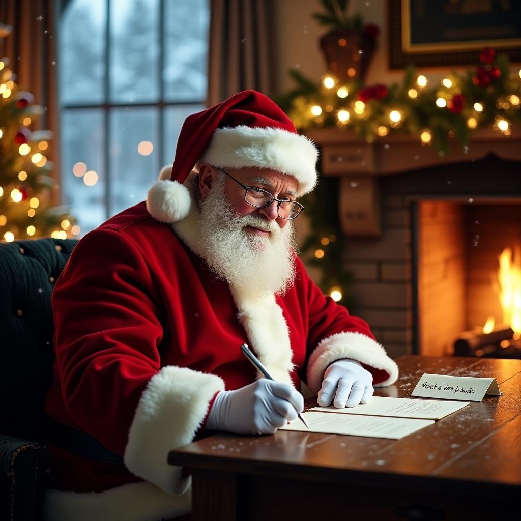 Santa Claus writes a letter at a wooden desk. Santa wears a red suit and a matching hat. A warm fireplace is in the background with Christmas decorations. Snow falls gently outside. The desk has papers and a quill. The scene conveys Christmas cheer and joy.