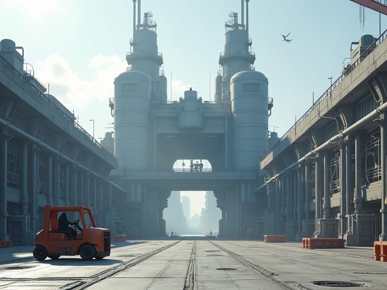 Detailed image of a grey sci-fi outdoor starship yard military base. Features include flat ground, smoke stacks, a forklift, blocky designs, pipelines, metal steps, ladders, a construction pit, a metal bridge, underpass, metal floors, and a platform. Small people and a sunny sky with realism and textures in 4K.