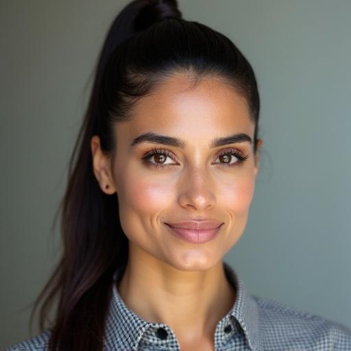 Headshot of a woman from Indian origin in software field with minimal makeup. She is wearing a printed collar top. Hair is styled in a high ponytail. No traditional Indian jewelry or bindi present. The appearance reflects a western style.