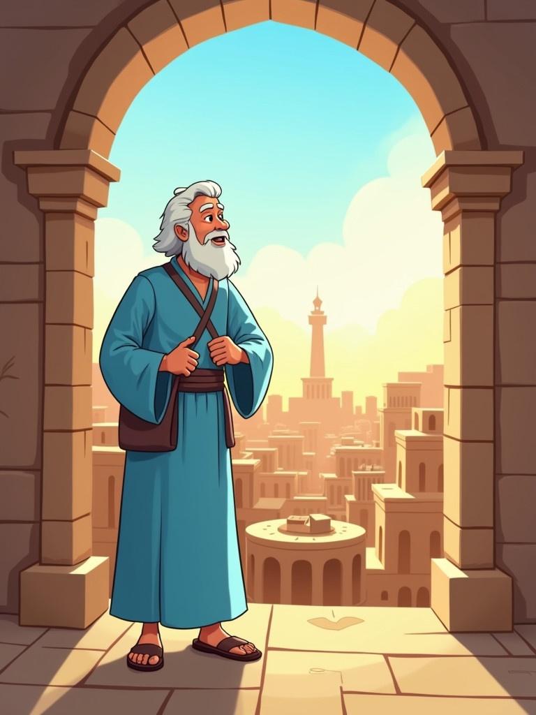 In Bible ancient times in Babylon a cheerful cartoon illustration of an old man Daniel standing by an open window with a bright sky and ancient Babylon city in the background. Daniel wears a simple light blue robe and shows happiness.