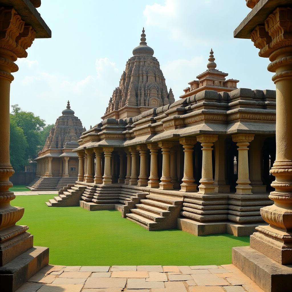 Captivating view of Kakatiya temple architecture. Features intricately carved stone structures and lush green lawns. Showcases multiple temple edifices under a clear sky with soft lighting.