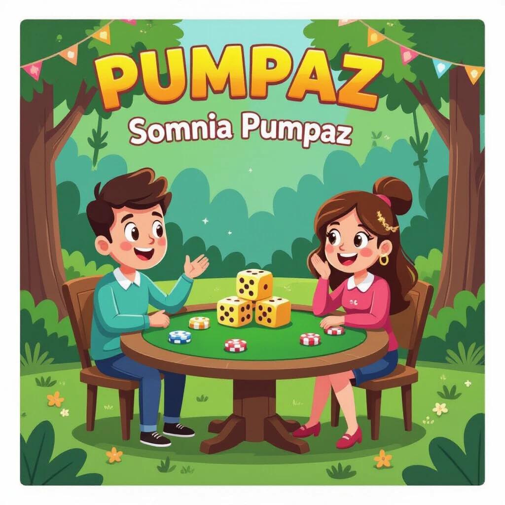 Cartoon illustration of a dice game with a game table. Displaying the text PUMPAC and Somnia Pumpaz prominently. Two characters engaged in play.