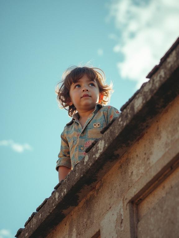Kid standing on the top of a building ledge. Child observing surroundings. Bright blue sky with clouds. Natural light highlights child's features.