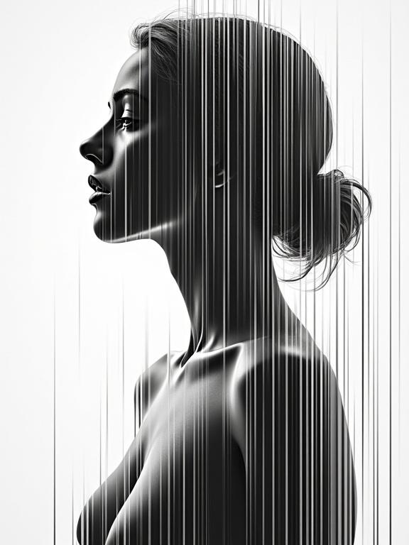Image features a female form created from barcode patterns. Scene uses black and white tones. Background is filled with barcodes. Focus on the side profile of the figure.