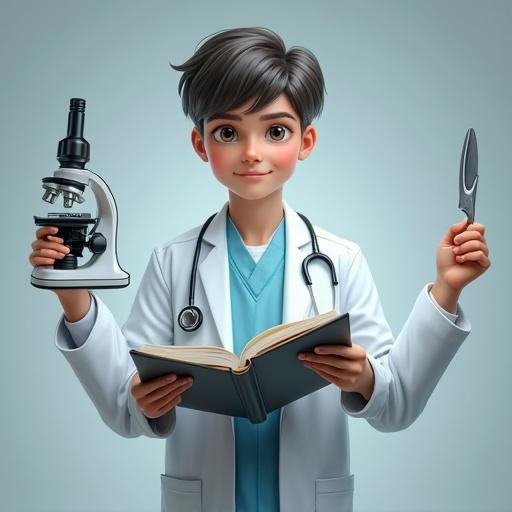 A teenage Turkish boy doctor with four arms in a white lab coat and stethoscope. One hand holds a book with a visible cover, another has a microscope, and a third holds a surgical blade. Incorporate futuristic medical elements and creative abstract shapes.