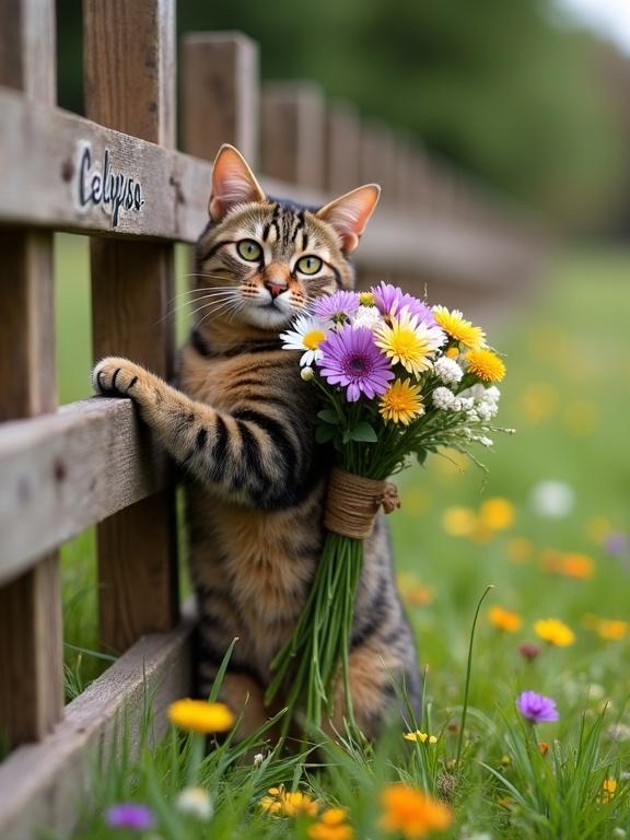 The image shows a cat holding flowers by a wooden fence in a grassy field. The cat leans on the fence, showcasing its playful nature. The scene is bright with wildflowers surrounding the fence and cat.