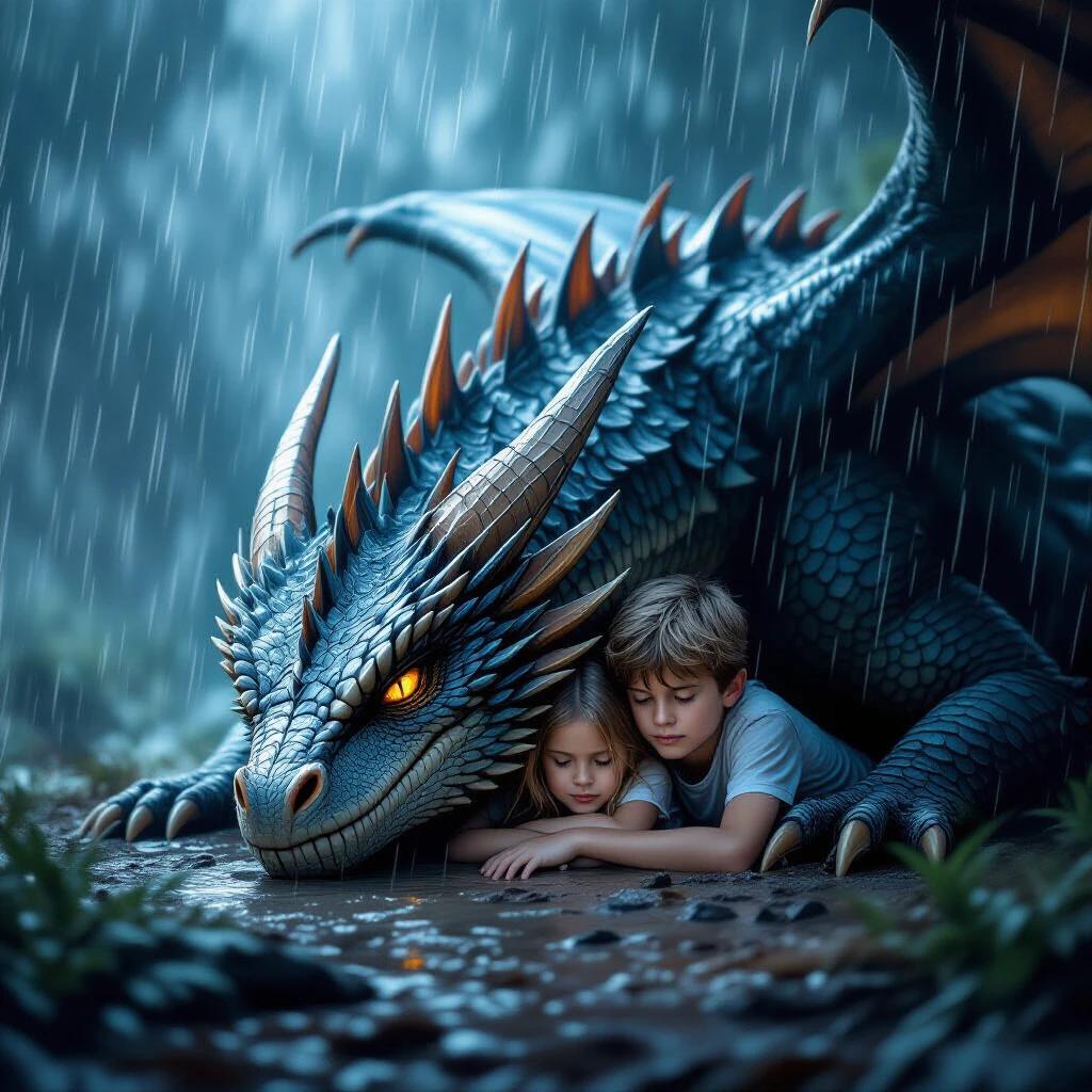 A girl and boy hide under the wing of a large sleeping dragon. The scene depicts rain with a dark and windy atmosphere. Vibrant dark colors dominate the image. The photograph is in high definition and portrays a wildlife theme.