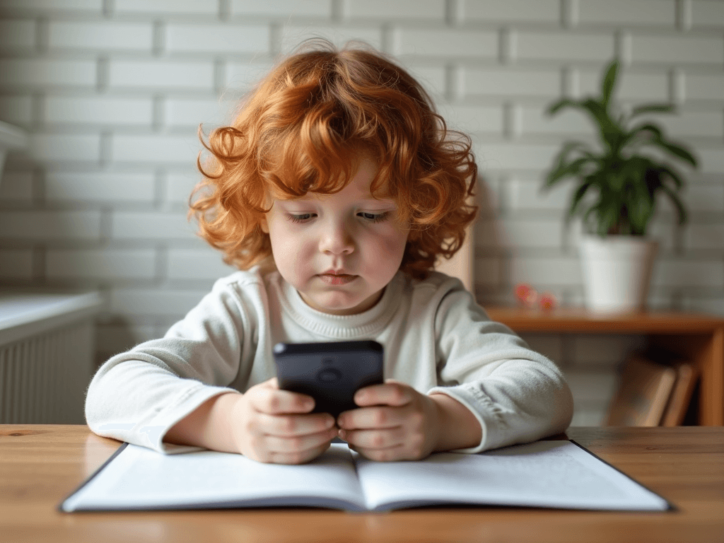 A child with curly red hair intently looks at a smartphone while sitting at a table with an open book, set against a background of a brick wall and a potted plant.