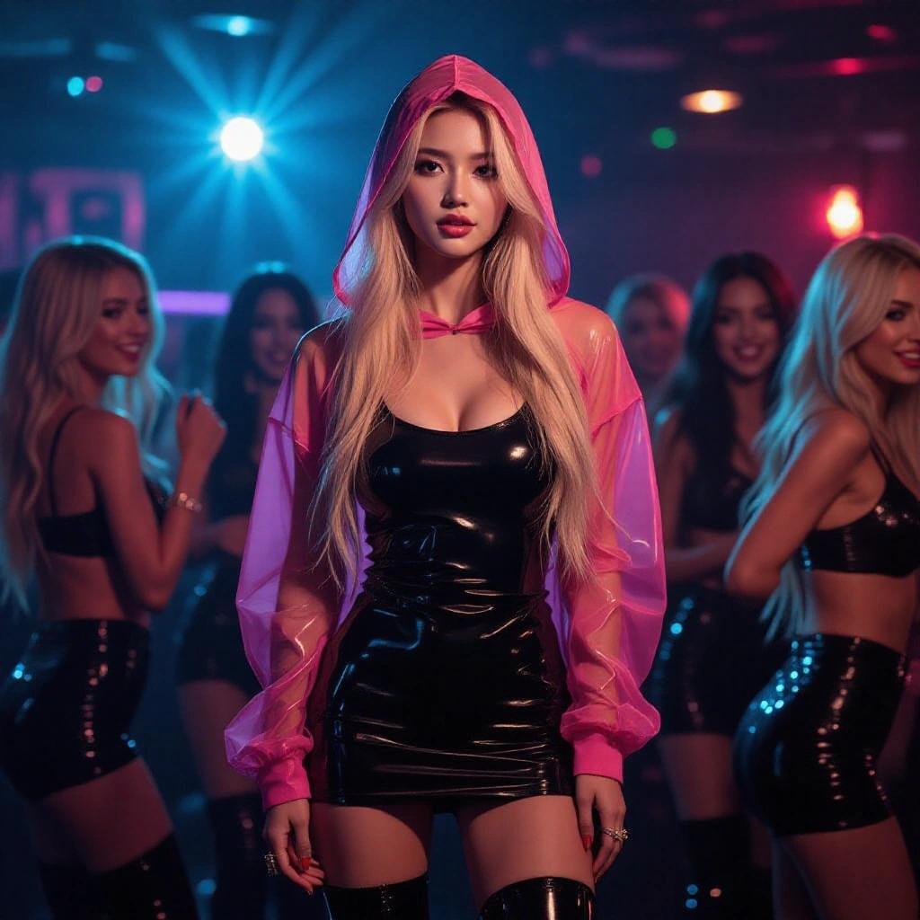 Young Korean woman with blonde hair wearing a pink hooded top and black latex dress in a nightclub. Surrounding women are dancing. High-heeled boots complete the look. Neon lights create a vibrant atmosphere.