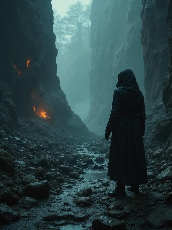 A mysterious figure stands in a foggy canyon with distant glowing embers. The scene conveys a dark sci-fi atmosphere with a cinematic style.