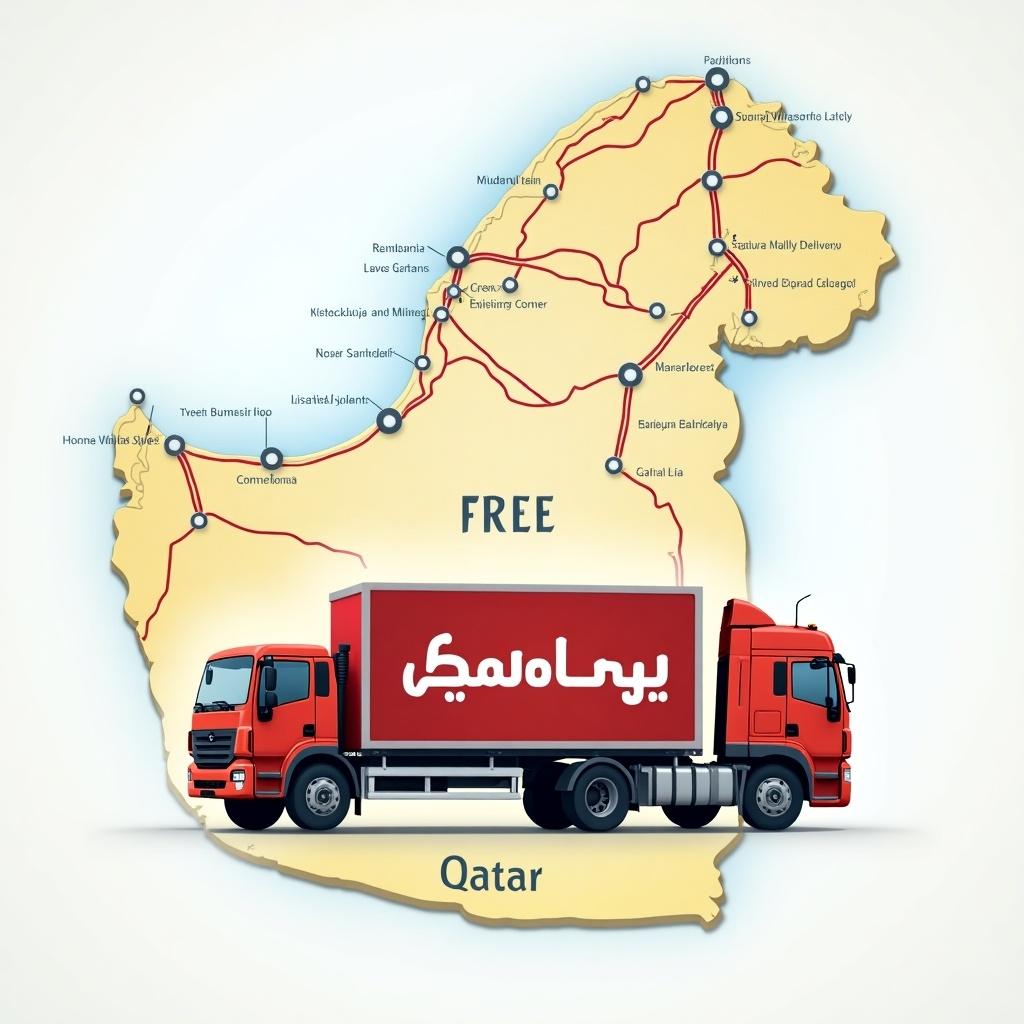 A map of Qatar highlighting major cities and routes. A large truck displays the text 'توصيل مجاني' in Arabic. Use attractive colors and appealing design for promoting free delivery service.