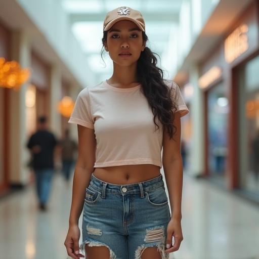 Full body front view of a tall curvy woman in a mall wearing undersized clothes. She has a crop top t-shirt, short jeans, and a baseball cap. Her hair is in a ponytail.