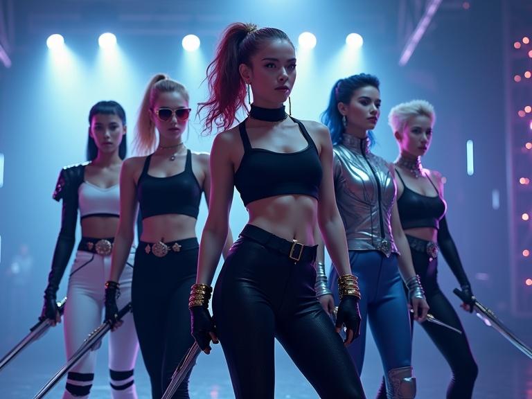 Realistic live action cinematic image of female superhero music group. Fit slim women wearing tight black pants and tank tops. They hold various weapons like ninja stars and glowing swords. The setting is a concert arena. Spotlights and LED lights enhance the dramatic atmosphere.