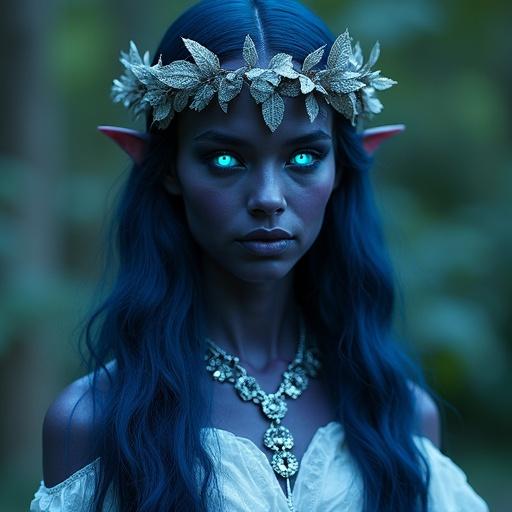 A cinematic image of an elf woman. She has dark purple skin and glowing cyan eyes. Long blue hair drapes around her shoulders. She wears a white dress adorned with silver ornaments. A head wreath made of leaves crowns her head. The atmosphere feels dark and fantasy-like, enhanced by a film grain effect.
