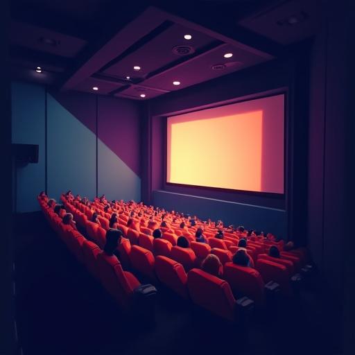 A cinema interior showing a large screen in front with dim lighting. Rows of red seats are filled with people watching the screen. The atmosphere feels engaging and immersive.