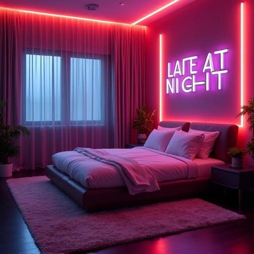 Futuristic neon bespoke bedroom with classy theme. Text displaying 'Late At Night'. Neon lights enhance modern feel. Cozy bedding with relaxed atmosphere.