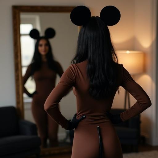 A woman with black hair stands in front of a large mirror wearing a dark brown mouse costume. The costume consists of a fitted long-sleeve shirt and tights paired with black gloves, a tail, and mouse ears. She shakes her hips and waves to someone behind her. The setting includes a black sofa in a room with soft lighting.