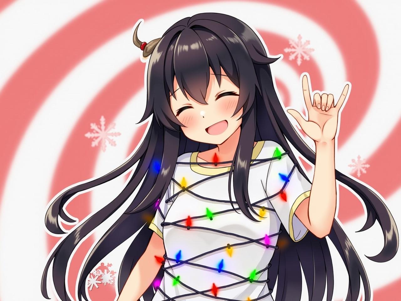 The image shows a character from a game dressed in a playful and festive manner. The character has long black hair and is wrapped in colorful Christmas lights. They are wearing a shirt made of lights, creating a cheerful vibe. The background features a spiral design in red and white, enhancing the festive theme. The character is striking a playful pose, seemingly celebrating or joking about the holiday season.