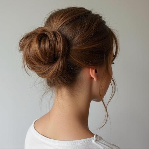 A stylish woman with a curvy bun hairstyle. Bun is elegantly styled at the back of her head. Soft natural lighting enhances the hairstyle. Subject shown in side profile. The background is a light color that complements her hair. She wears a casual top.