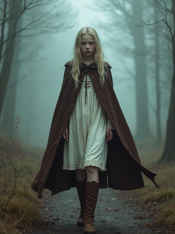 Photorealistic image of a young teen girl in a foggy forest. She has long pale blonde hair and dark red eyes. She is wearing a white and brown dress, knee-length boots, and a heavy cloak. The setting is mystical and shrouded in mist. The girl stares coldly at the viewer with vampire fangs visible.