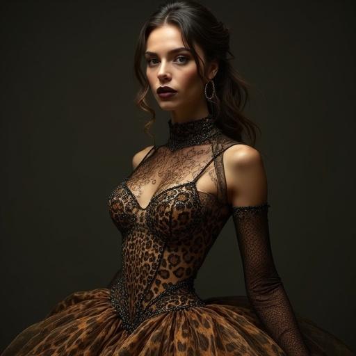 Full body portrait of a woman wearing a leopard print bodysuit. Soft lighting and minimal background. Focus on ethereal and regal appearance. High fashion and editorial style with ultra-detail and hyper realism.