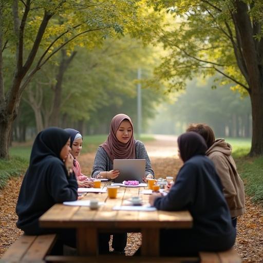 Teacher with hijab and female students gather around a large table outdoors. They engage in a picnic setting beneath trees. Natural park backdrop enhances a sense of community and learning.
