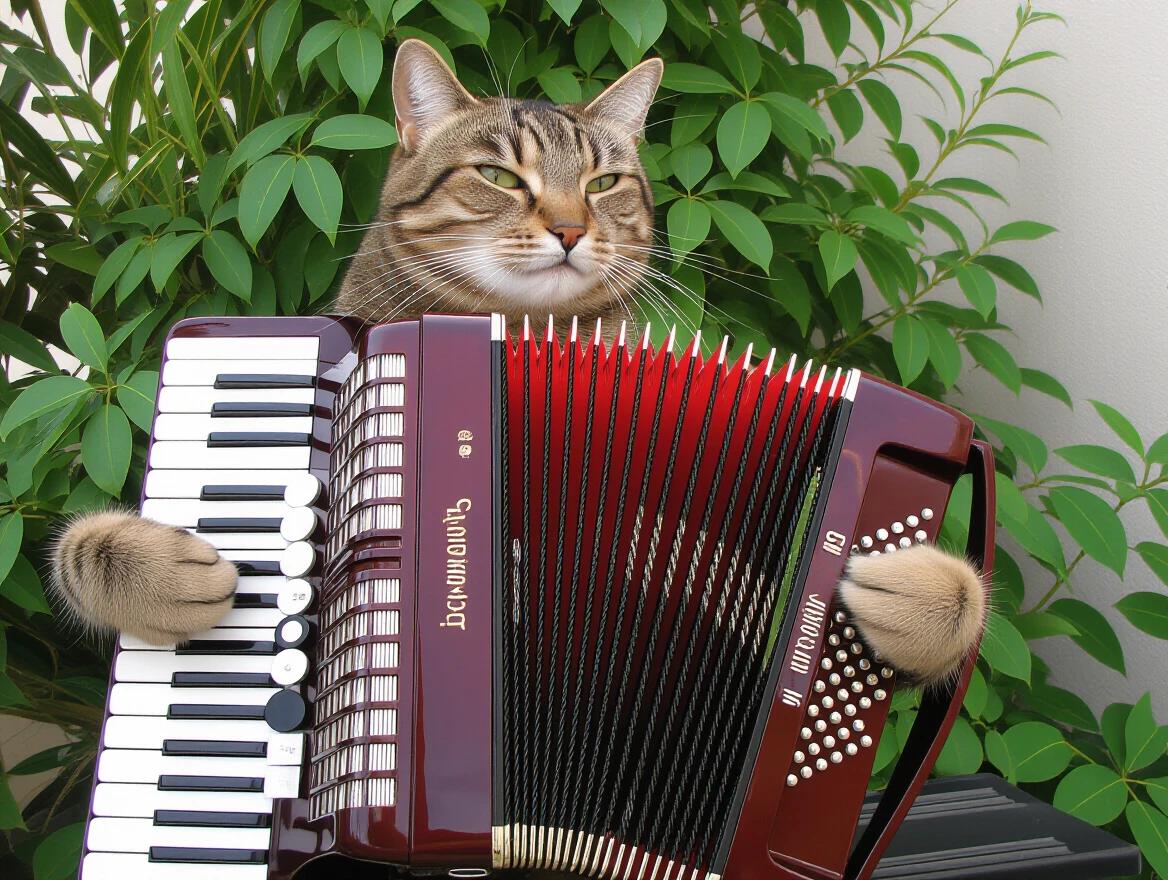 A cat is playing an accordion. The cat has a serious expression. The background features lush green leaves. The accordion is burgundy with white keys.