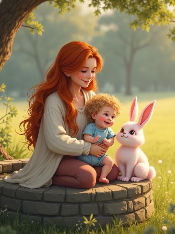 Scene of a young woman with flowing red hair wearing a white sweater. She sits relaxed at the old stone well. In her arm, she holds a calm baby with curly blonde hair in a light blue onesie. The baby looks up at her. A large rabbit sits on the well's edge, looking friendly. The background features a serene grassy field with scattered trees bathed in soft sunlight. The mood is joyful and connected.