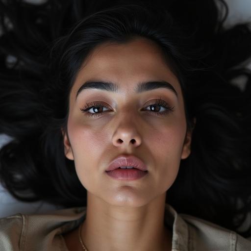Generate an image of a woman teacher with unique features lying on the ground. The expression is serious with eyes open and mouth closed completely.