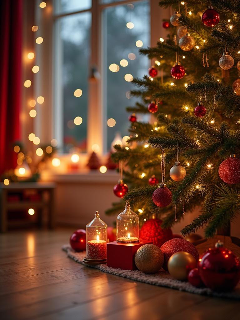 A cozy Christmas scene featuring a decorated tree presents with ornaments and warm candlelight and twinkling lights visible in a soft inviting atmosphere