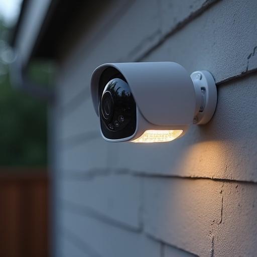 Photorealistic product shot of a modern home security camera. The camera has integrated features like a pepper spray dispenser, a loudspeaker grill, and a bright LED spotlight. The design looks robust and high-tech, mounted on a neutral-colored wall. Clean lighting enhances its integrated features.