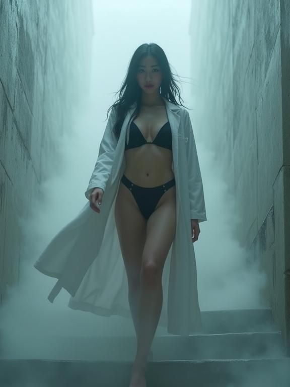 A young adult woman walking down a staircase surrounded by swirling fog. She wears a black bikini and a long white coat. Studio lighting creates a cinematic feel with emphasis on detail and realism.