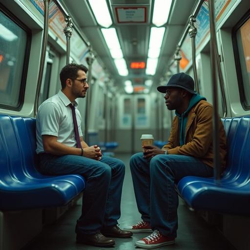 A realistic photographic illustration in a subway car. A man in blue jeans, tie shirt, and jacket sits seriously across from a rap singer. The scene is urban and expressive.