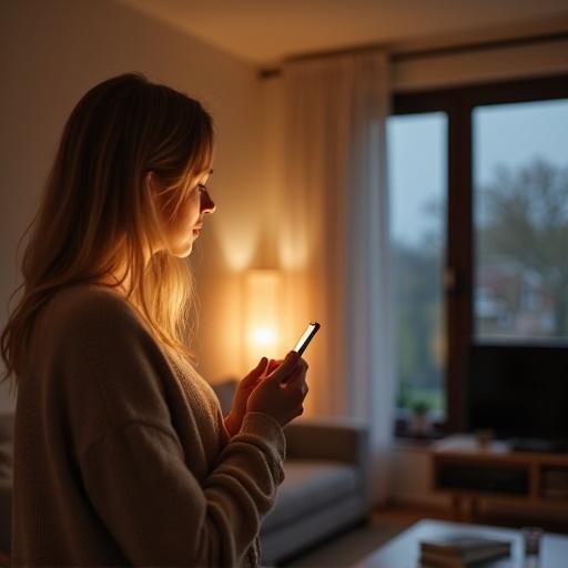 Woman using smartphone to turn on smart light in modern living room. Ambient lighting and cozy atmosphere present.