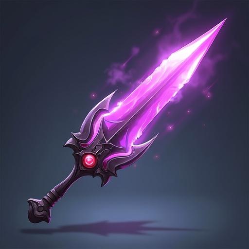 A digital artwork of a magical sword with a purple glowing blade. It features ornate designs and a jewel in the hilt. The background is dark and enhances the sword's brightness.