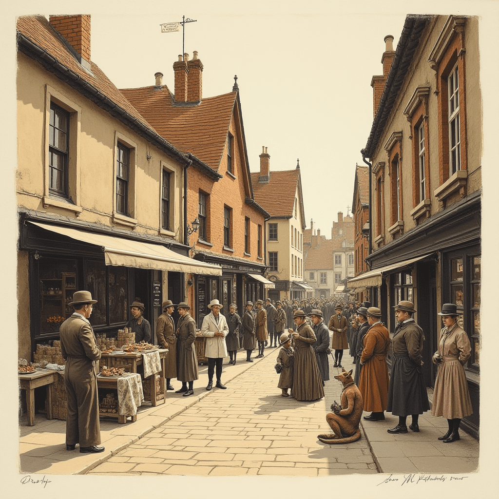 People in period clothing stroll through a bustling market street lined with shops and a variety of goods on display.