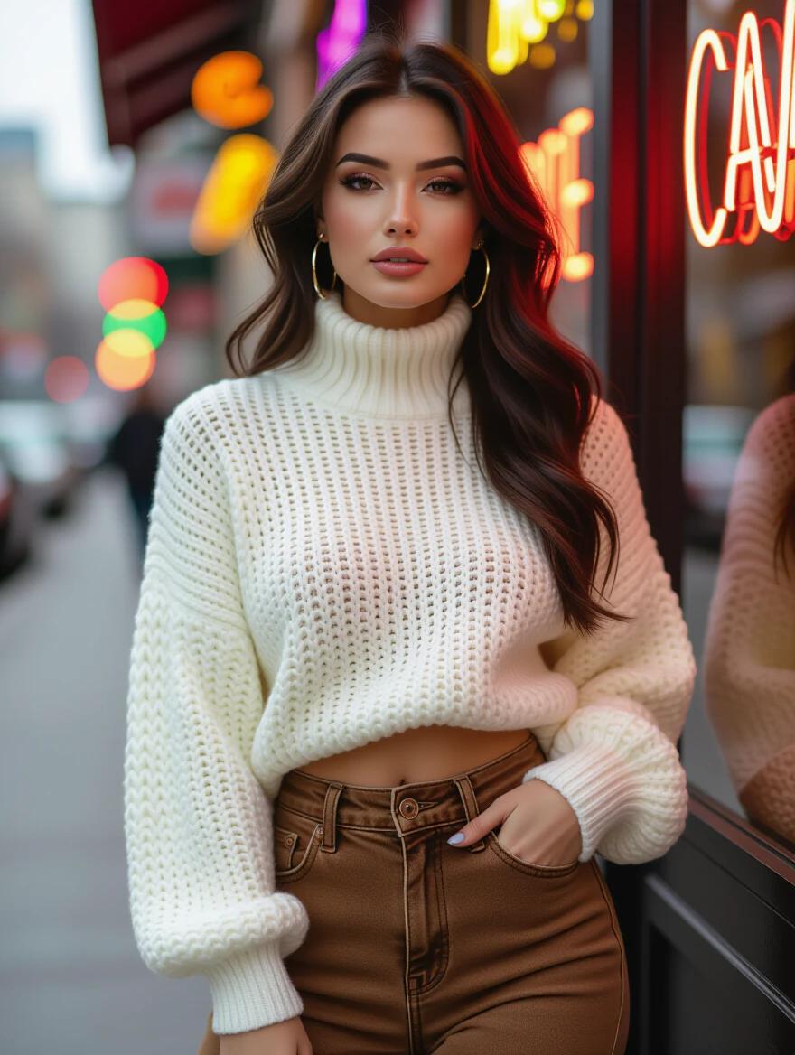 Fit woman wearing a white oversized sweater and brown jeans. She has long black hair and bold makeup. The setting features neon lights and an urban backdrop. Her pose accentuates her curvy body and small waist. The photo is highly detailed and artistic.