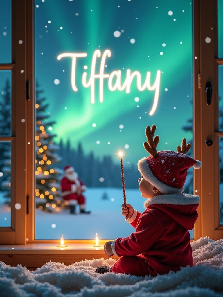 A young elf character sits by a cozy window during Christmas. The elf wears a festive outfit and faces breathtaking northern lights. A wand is used to write 'Tiffany' in the sky. Santa Claus is in the background. A peaceful winter wonderland exists outside with snow-covered trees. The scene captures childhood wonder and festive cheer. A baby in a reindeer costume sits on a fluffy blanket with a Christmas tree in the background. Snowflakes are falling.