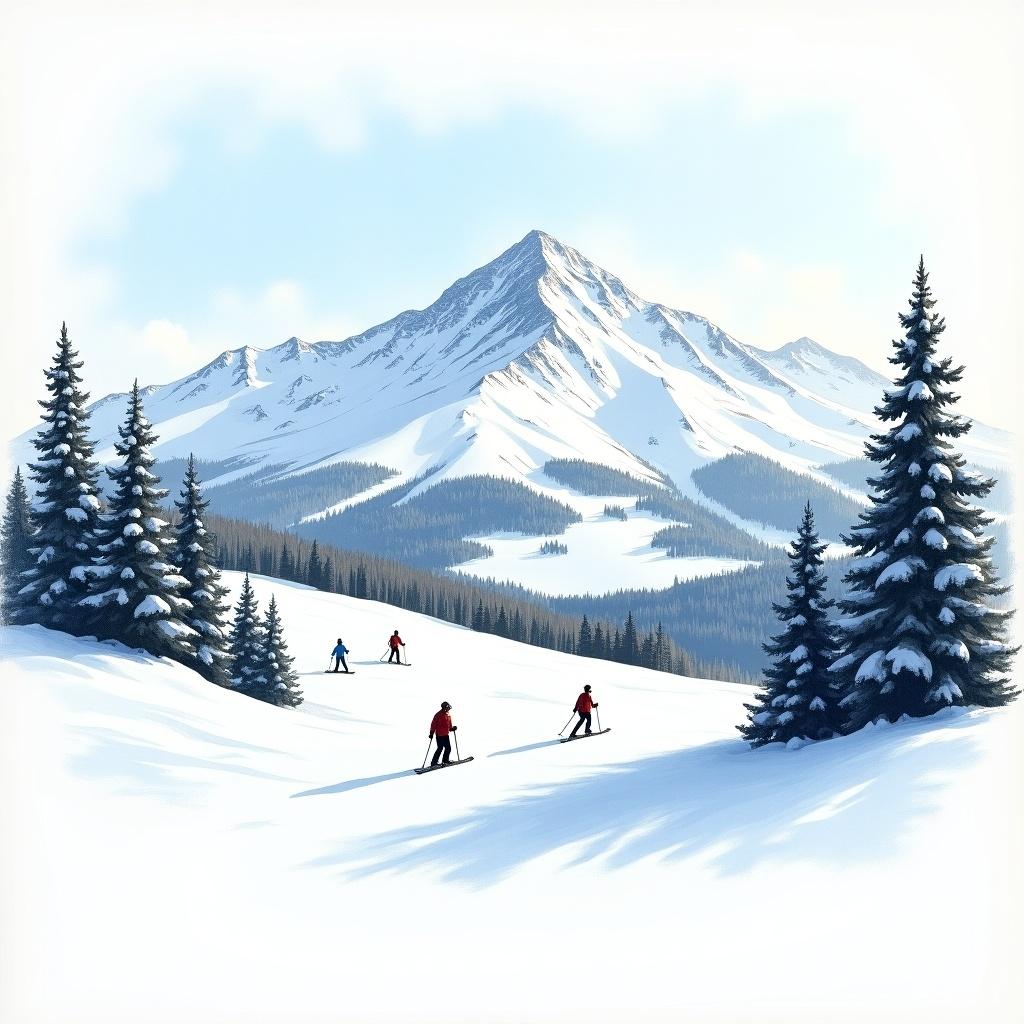 Illustration of a snowy mountain landscape with skiers. Includes tall pine trees and a clear sky. Features majestic snow-capped mountains in the background.