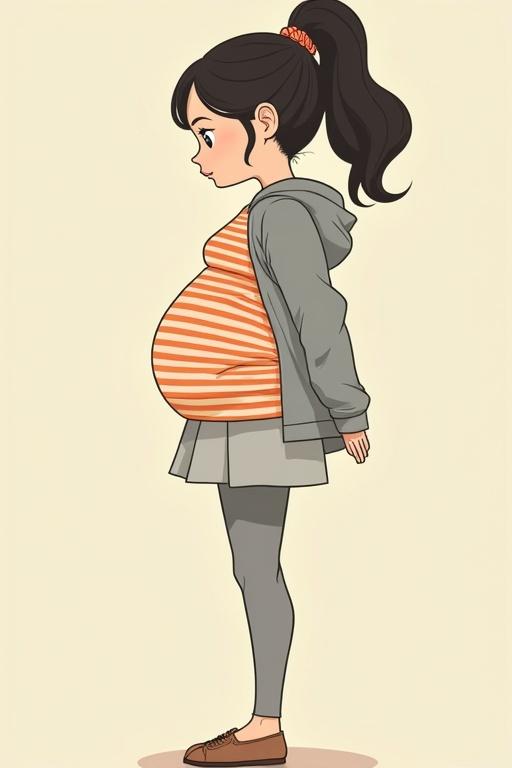 Juno inspired pregnant character in Studio Ghibli art style. Brunette with a ponytail wearing a gray hoodie and orange striped t-shirt. Light gray mini-skirt and leggings shown. Side profile highlighting back pain with hands on back.