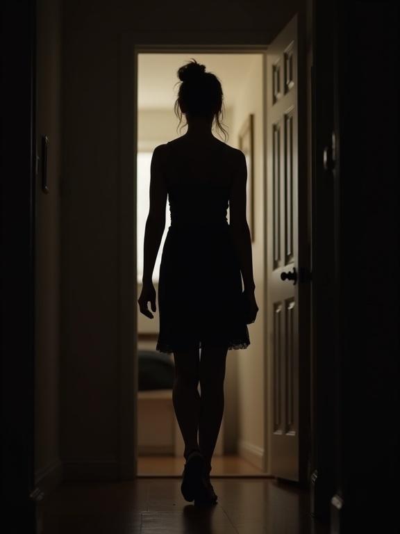 A woman in silhouette walking away from a bedroom door. Quiet sadness expressed through body language. Strong emotional composition highlighted by hallway lighting.