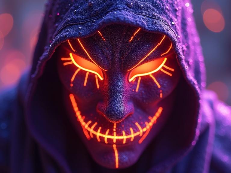 Macro shot close up of a detailed mask with purple and orange stripes. Mask resembles a thief-god. Mask features shimmering purple lights. Scene is luminescent with hyperdetailed sparkle. Photorealistic design with lighting accuracy and shadow rendering. High resolution, artistic style, trending on ArtStation.