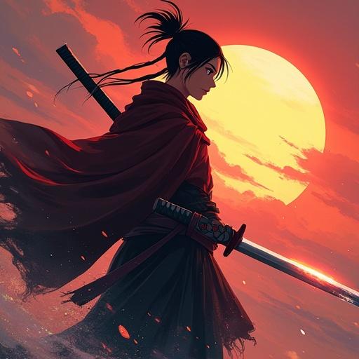 Character in a dynamic pose holds a katana. Background features a large sun setting over the horizon. The character wears a flowing cloak and has an intense posture. The katana reflects the sunlight dramatically. Overall scene captures a blend of gaming and anime styles.