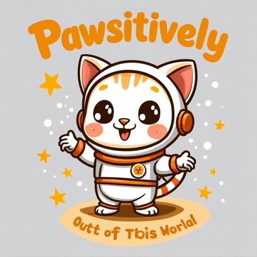 A humorous pet-themed t-shirt design features a cartoon cat in a spacesuit. The cat is colored in white and orange. Text reads 'Pawsitively Out of This World' in playful yellow font. Design is centered, on a transparent background, with a clean vector-art style and subtle star accents. Optimized for gray t-shirt printing on Merch by Amazon.