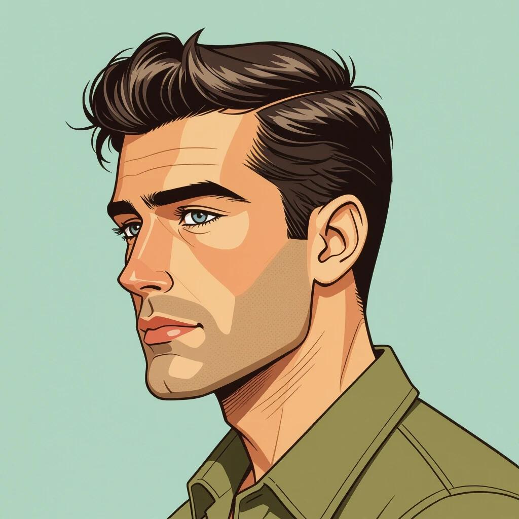 Portrait of a 33-year-old man in semi-profile. He has steel-gray eyes and dark brown hair. He has a slightly messy crew cut popular in France in the late 1950s. He has a bony face with a prominent chin. He is freshly shaved with a wide mouth featuring thin lips. The style is semi-realistic comic with heavy outlines and photorealistic colors.