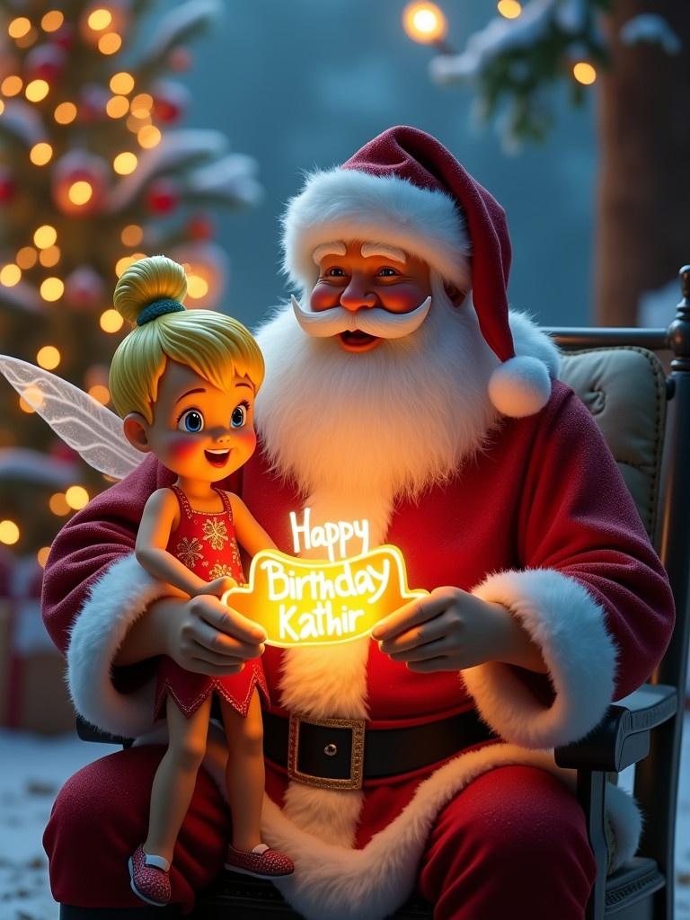 Santa celebrates a birthday with Tinker Bell holding a glow stick. The sign says Happy Birthday Kathir. Santa appears jolly and warm. The scene represents Christmas magic and a bright colorful atmosphere.