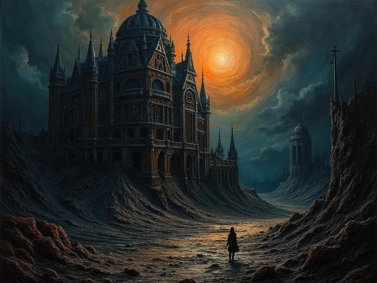 A surreal dark cosmic horror building emerges under the failing light of day. The scene is dominated by darkness with a mirage-like quality. An extremely rough oil painting captures the gothic, surreal essence reminiscent of artists Goya, Giger, and Lovecraft.